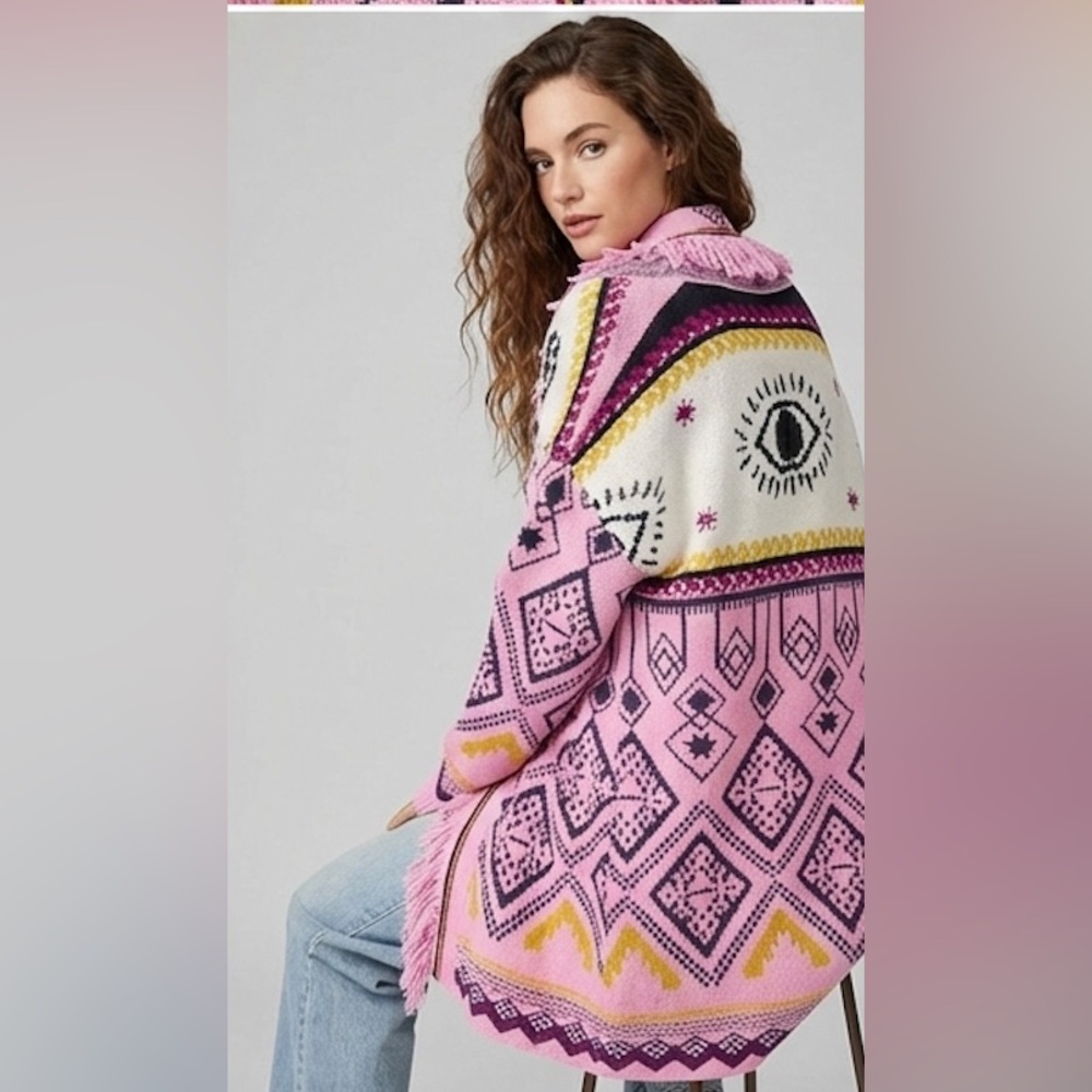 Pink Geometric Aztec Print Fringe Cardigan - Picture 2 of 15